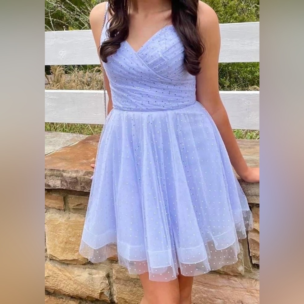 Beautiful La Femme 29336 lilac mist, size 2, sparkling fit & flare dress pockets